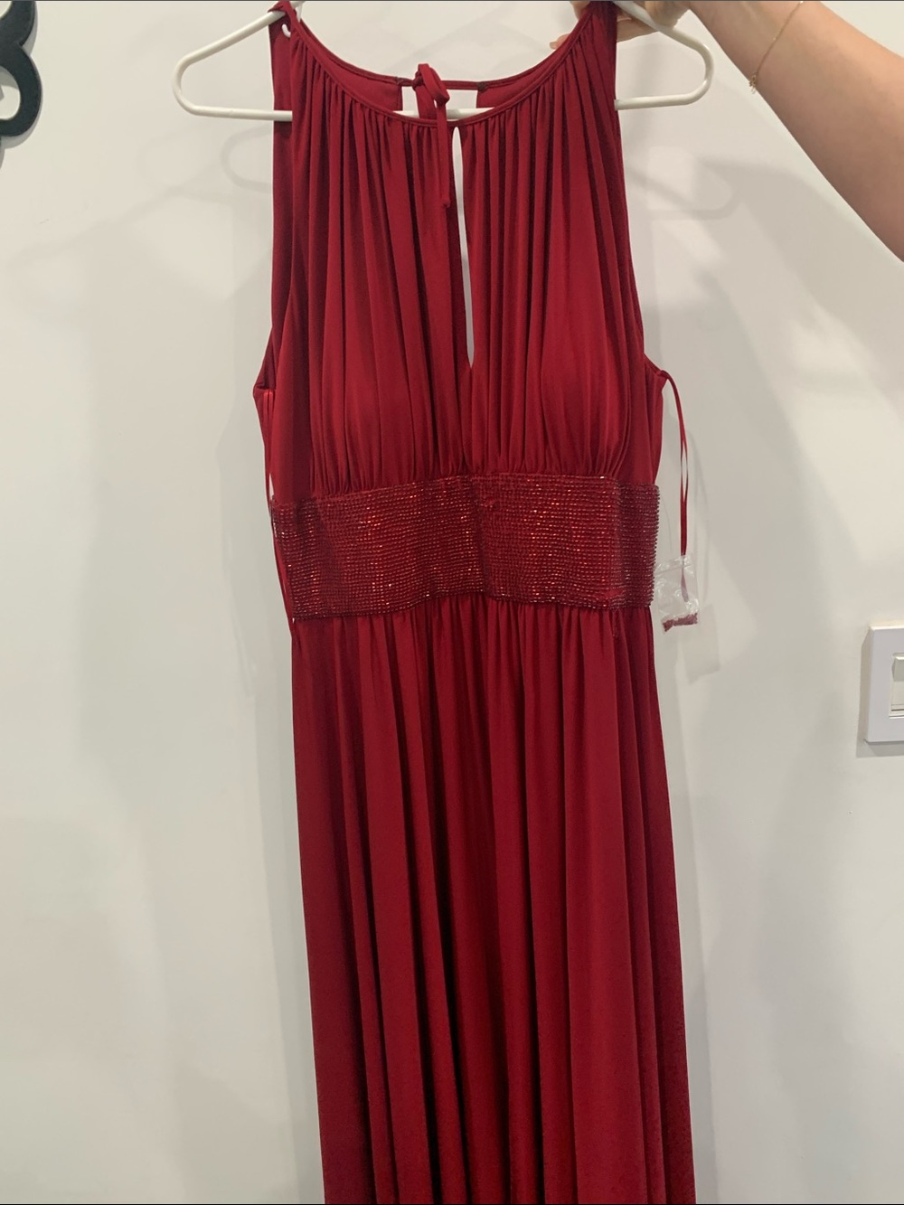 Red Sleeveless Beaded Waist Maxi Dress